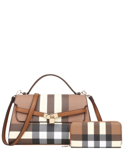 2in1 Plaid Handle Satchel Bag with Wallet Set BN-LM-8932-W BROWN